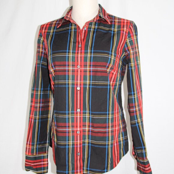 J. CREW  Women's Black Tartan Plaid Cotton Button Down Top Sz 4 Slim - Picture 2 of 10